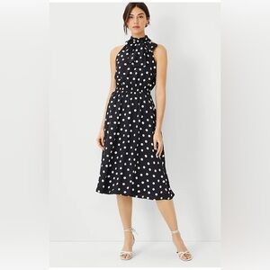Ann Taylor sz L Navy and White Polka Dot Halter MIDI Dress
